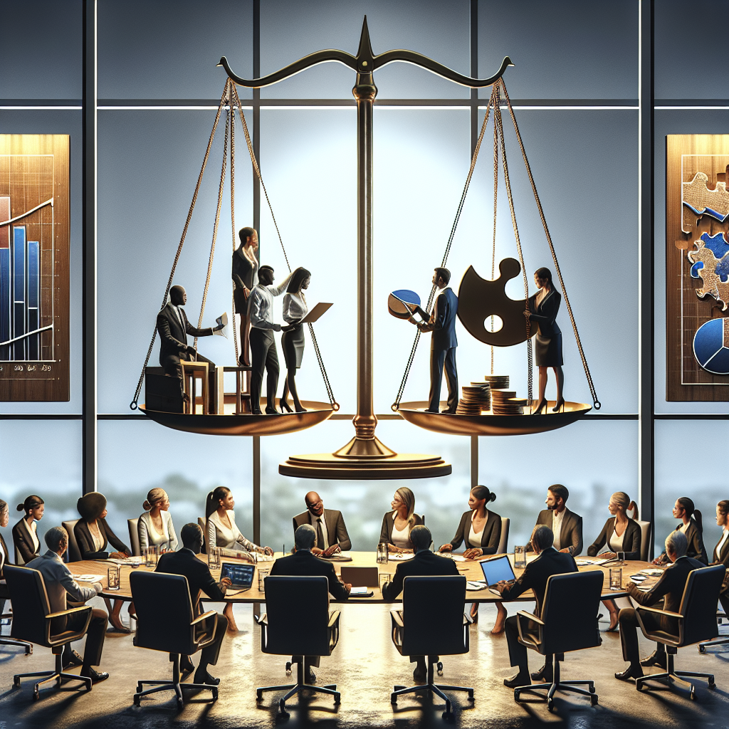 Generate an image of a decision-making boardroom scene with executives analyzing graphs and statistics related to cost-efficiency. Include visual metaphors such as balancing scales and puzzle pieces coming together to form a comprehensive strategy. The atmosphere should be serious yet optimistic, with a realistic artistic style.