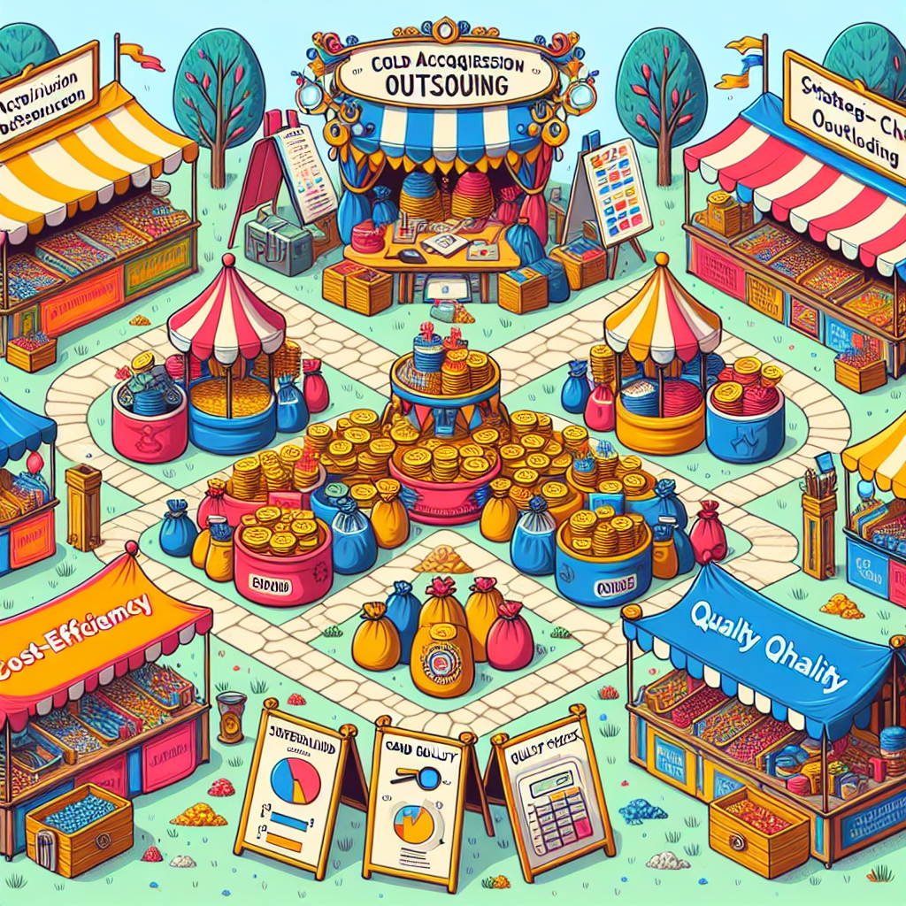 Generate an image of a marketplace with various businesses represented by colorful stalls, each symbolizing different aspects of cold acquisition outsourcing. Add elements like money bags to represent cost-efficiency and magnifying glasses for lead quality. The style should be illustrative and playful, capturing the strategic choices available to businesses.