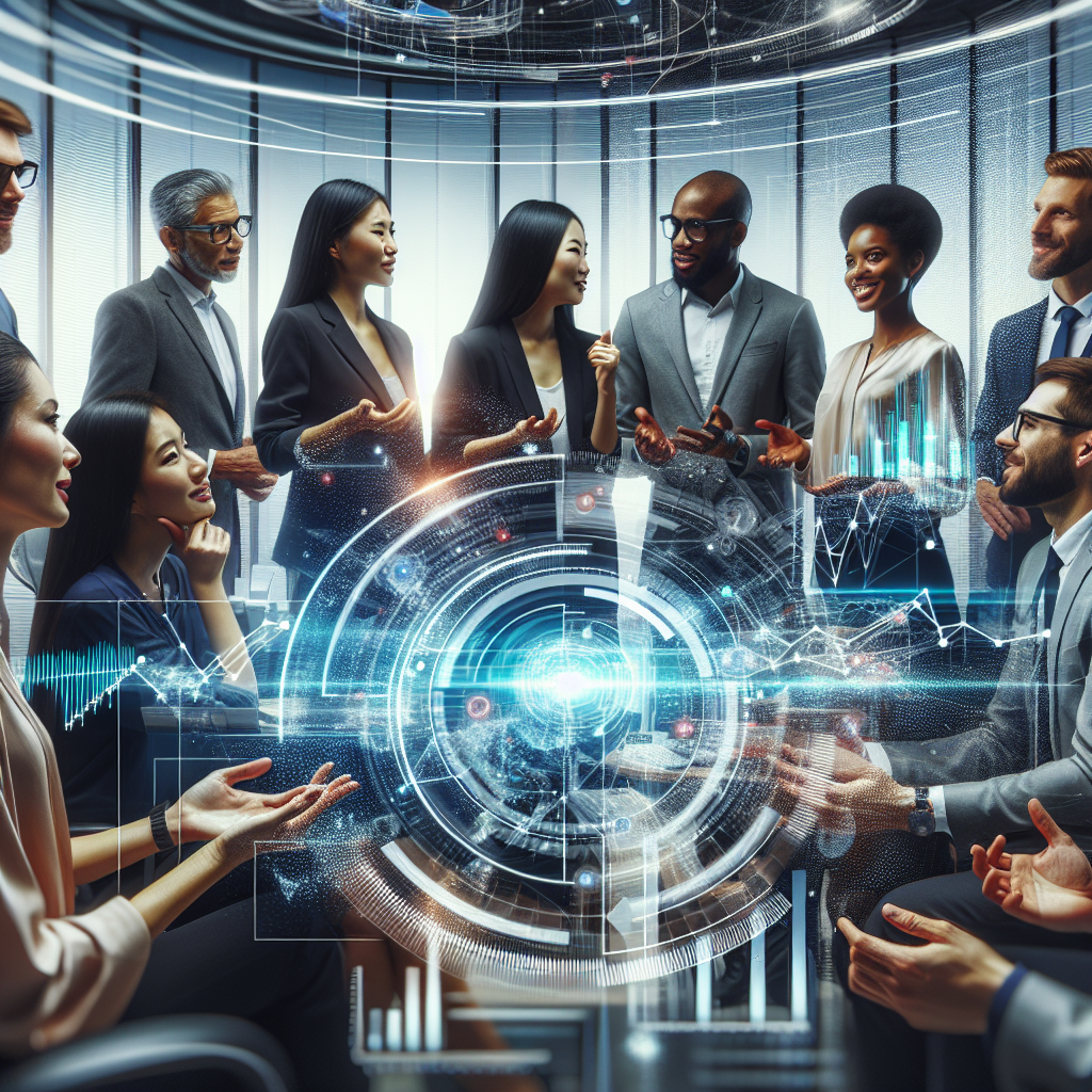 Generate an image of a dynamic business meeting in a modern office setting, where diverse professionals are engaged in a lively discussion, surrounded by visible digital charts and graphs representing growth and strategic planning. The scene should reflect collaboration and innovation, embodying the concept of 'No Cure No Pay' acquisition, with a futuristic and professional style.