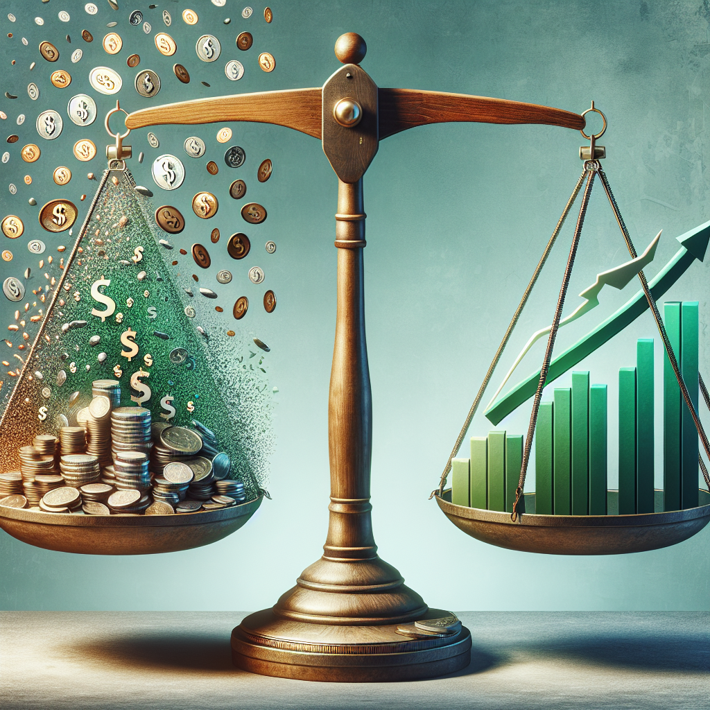 Generate an image of a metaphorical balance scale, with one side representing financial risks (with symbols like coins and dollar signs) and the other side representing business growth (with symbols like upward arrows and bar graphs). The scale should depict the careful balance of choosing a No Cure No Pay acquisition company. The style should be surreal and thought-provoking.