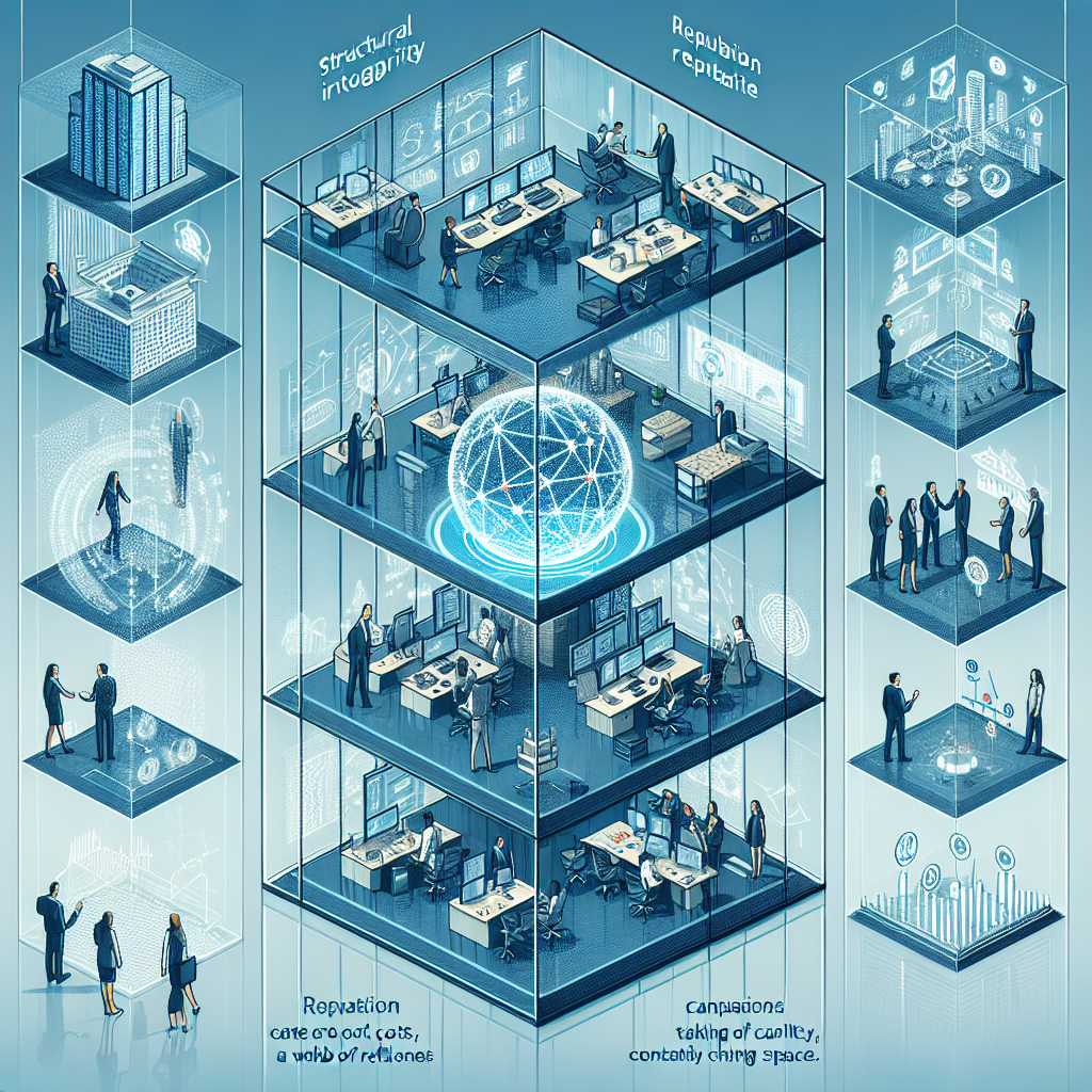 Generate an image of a transparent glass building with various business teams visible through the windows, working on different aspects like structure, reputation, transparency, costs, and flexibility. Each team should be depicted in a unique fashion, showing their focus on these key aspects in a blend of isometric and minimalist art style.