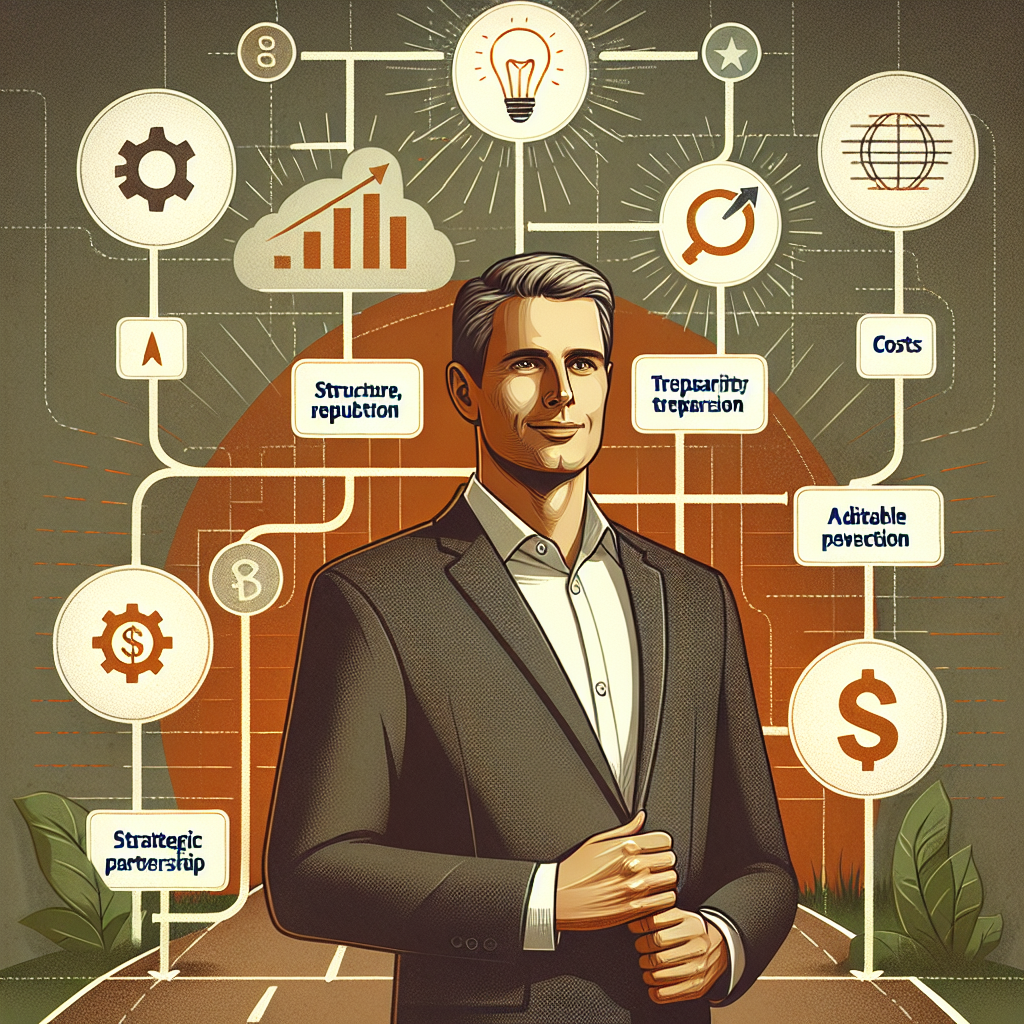 Generate an image depicting a roadmap to business growth, with key milestones such as structure, reputation, transparency, costs, and flexibility marked along the route. A business professional is shown examining this roadmap with a confident smile, symbolizing strategic partnership selection. The style should be illustrative and inspirational, with warm color tones.