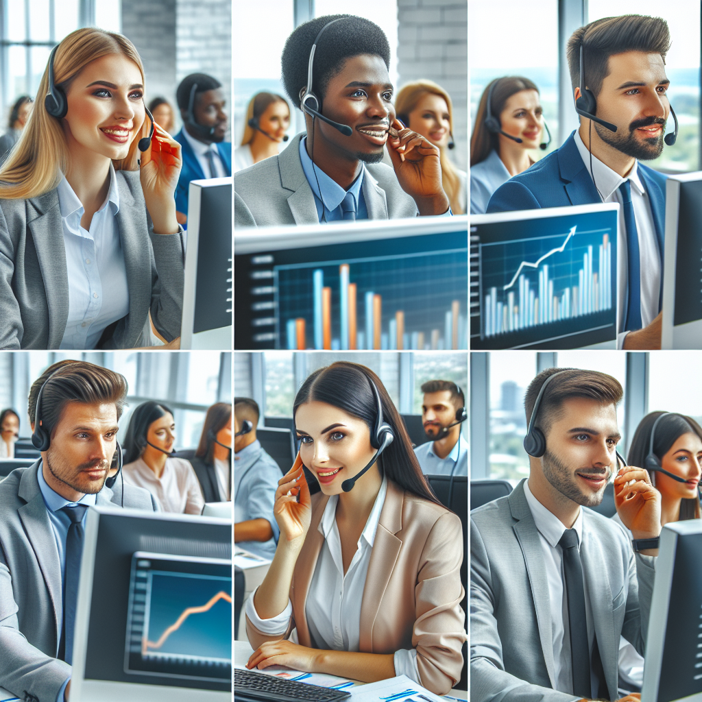 Generate an image of a busy sales office with professionals engaging in acquisition calls, highlighting a vibrant and dynamic environment. Include diverse team members with headsets in a modern office space, displaying charts and graphs on computer screens that represent sales optimization.