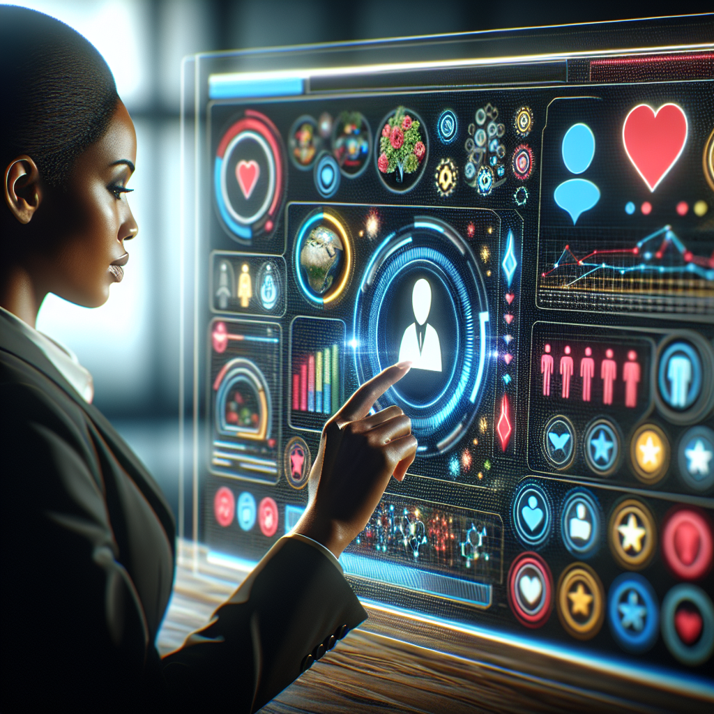 Generate an image of a selection process for choosing the right acquisition agency. Illustrate a business professional analyzing various criteria on a digital dashboard, with icons representing different services, ratings, and feedback, emphasizing decision-making processes.
