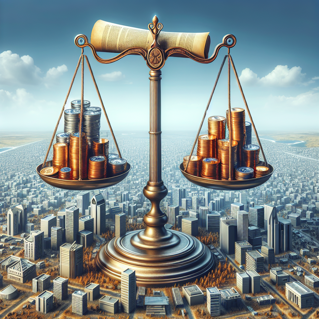 Generate an image depicting a flexible and transparent cost structure for acquisition services. Show a balancing scale with coins and a contract on either side, symbolizing the balance between cost and quality. Include a backdrop of a cityscape to represent the wide reach of these services.