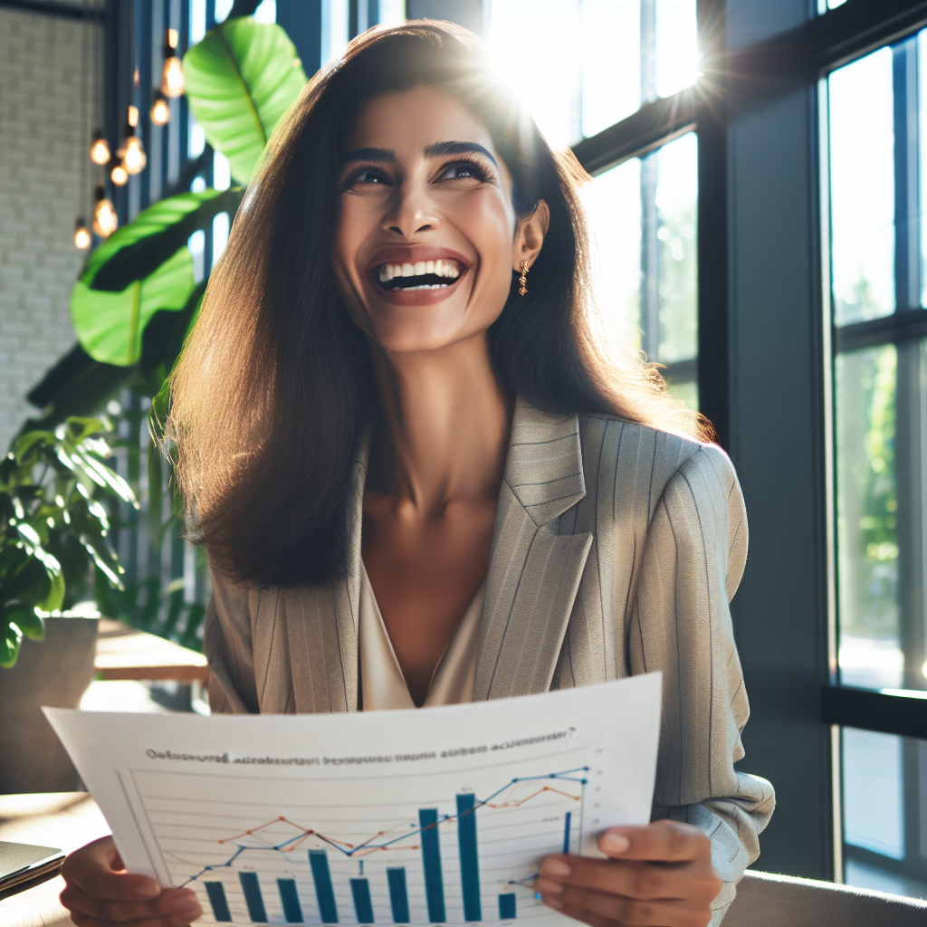 Generate an image of a satisfied business owner receiving positive results from outsourced acquisition calls. Display a jubilant atmosphere with a smiling entrepreneur reviewing a report with upward-trending graphs, set in a contemporary office filled with sunlight and greenery.