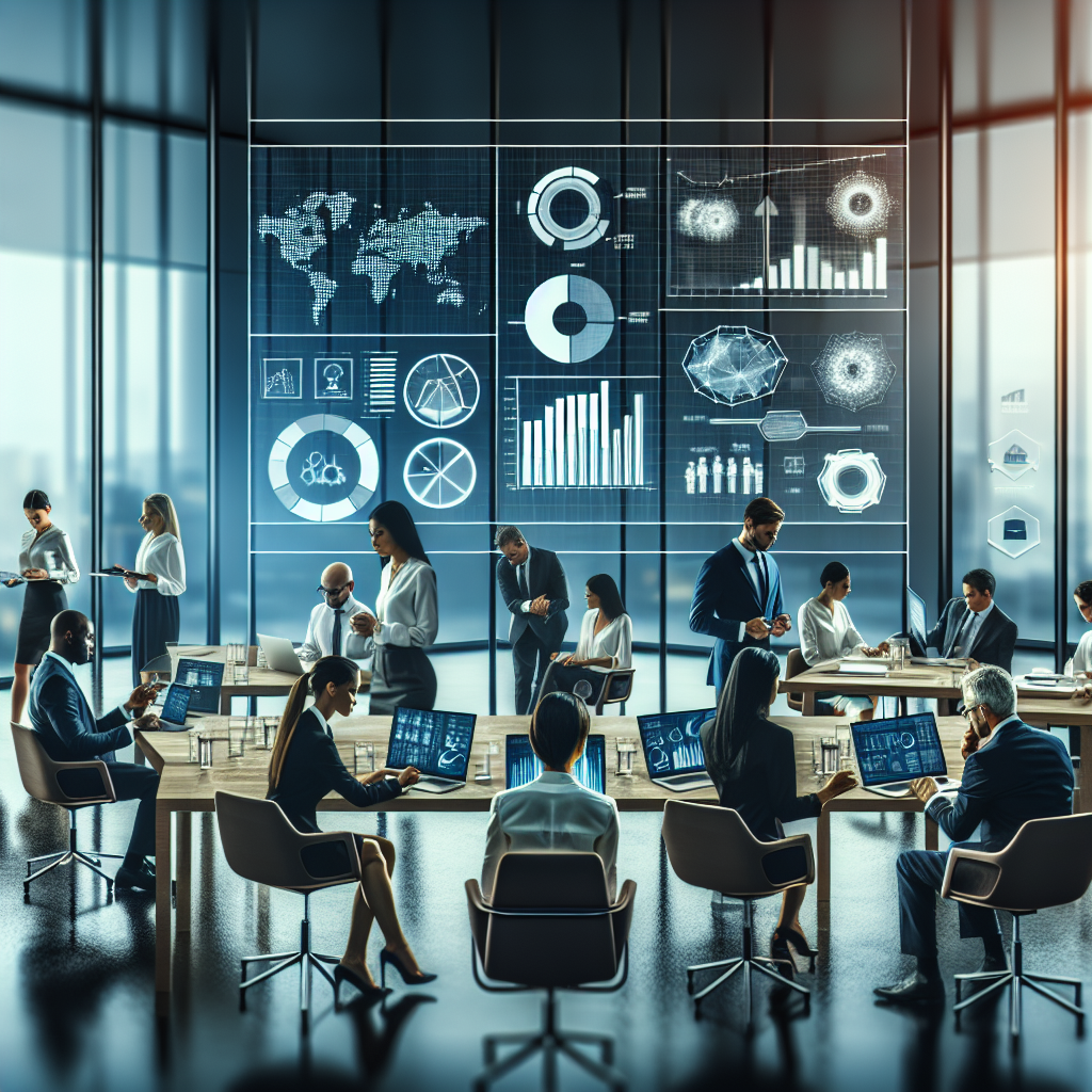 Generate an image depicting a strategic meeting room filled with business professionals analyzing graphs and charts that symbolize internal capabilities and cold acquisition strategies in B2B sales. The room is modern and equipped with the latest technology, emphasizing growth and efficiency.