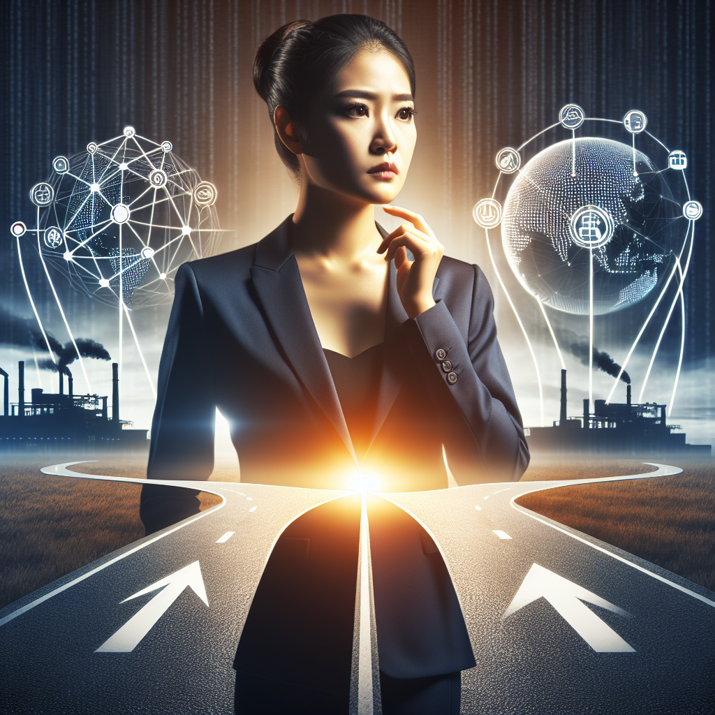 Generate an image showcasing a businessperson standing at a crossroads with signs pointing towards 'In-house Capabilities' and 'Outsourcing Cold Acquisition,' symbolizing the decision-making process for strategic choices in B2B sales growth.