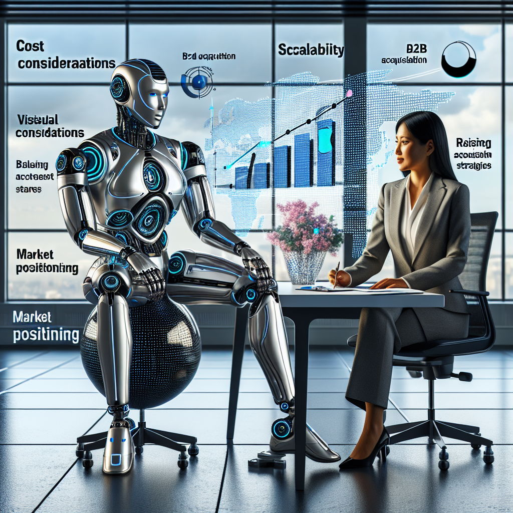 Generate an image of a futuristic office space where a robot and a human are collaboratively working on optimizing B2B cold acquisition strategies. The setting highlights cost considerations, scalability, and market positioning as visual elements.