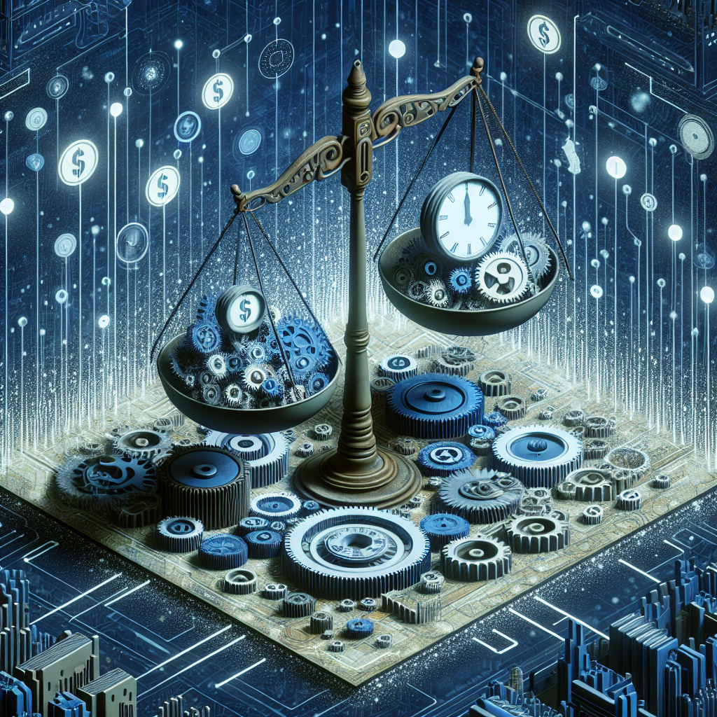 Generate an image of a vast digital landscape where elements like gears, scales, and currency symbols float in the sky, representing the balance between core business focus and outsourcing cold acquisition in a metaphorical manner.