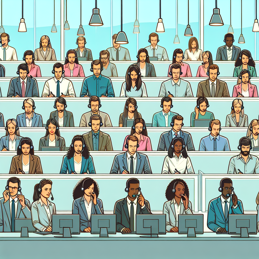 Generate an image of a diverse and skilled team of 22 professional callers, energetically working in a modern, bustling call center. The atmosphere should reflect efficiency and expertise, with each caller focused on securing high-quality appointments for various businesses, enhancing sales opportunities and market presence.