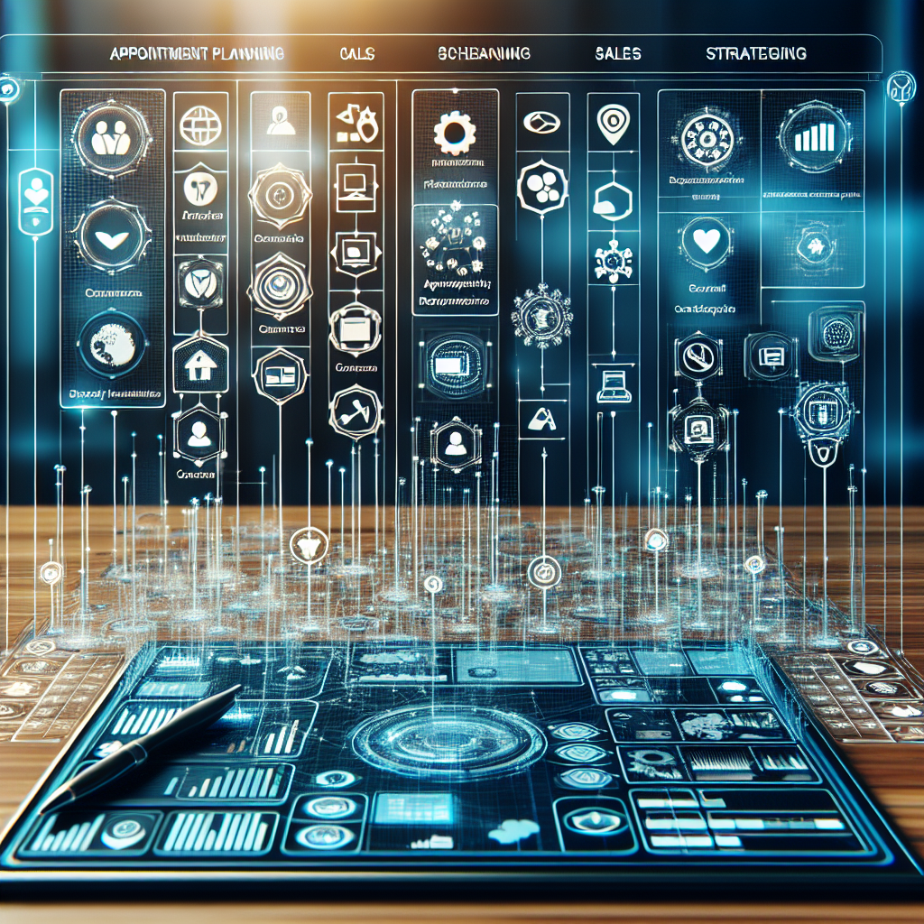 Generate an image of a sophisticated digital scheduler interface on a high-tech desktop, displaying intricate appointment planning and sales strategy for over 20 different companies. The image should convey precision and strategic planning, showcasing how technology aids in boosting cold acquisition success.