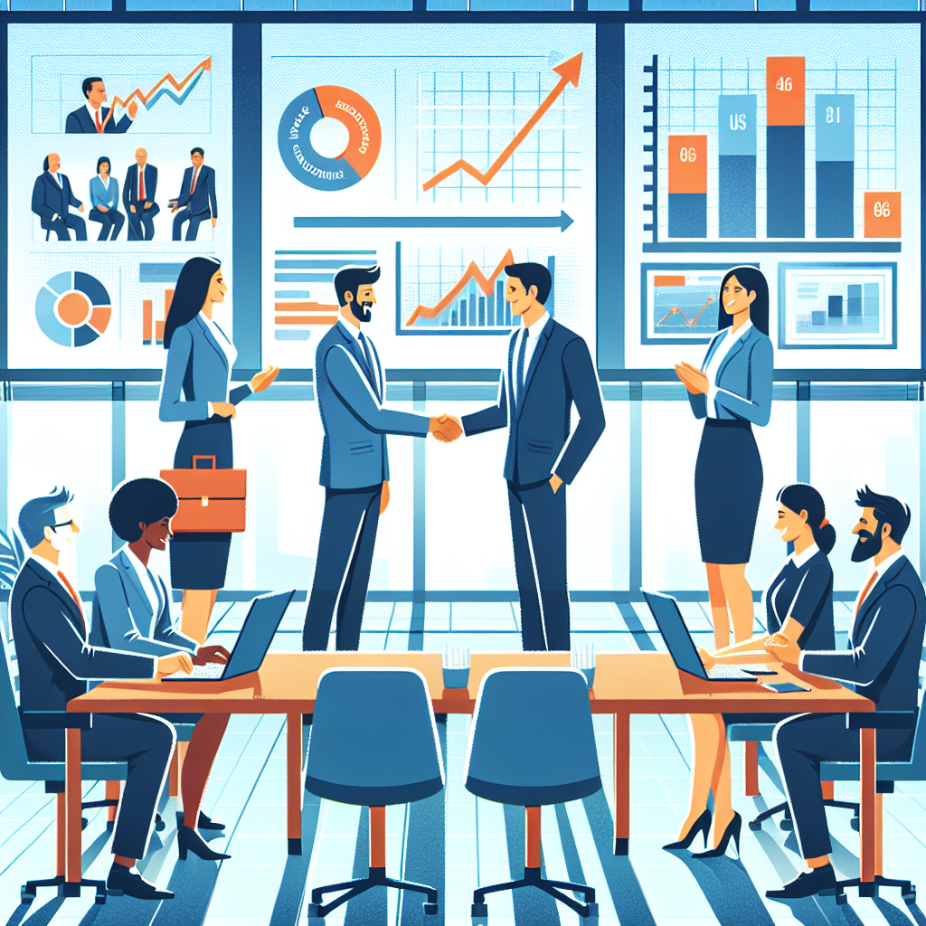 Generate an image of a dynamic business meeting between experienced sales representatives and new clients, set in a sleek and professional boardroom. The scene should emphasize successful appointment outcomes, increased sales opportunities, and enhanced market visibility, with visual cues of growth and partnership.
