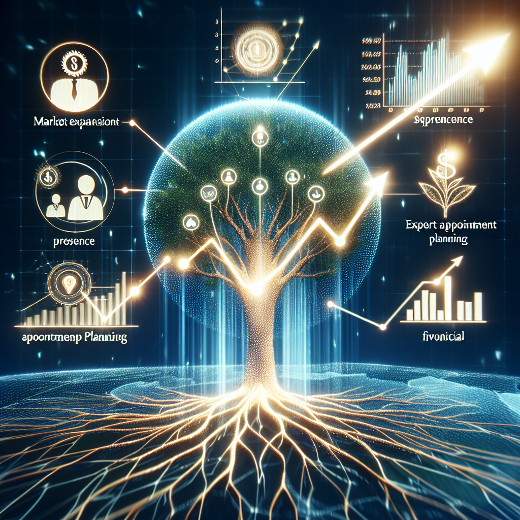 Generate an image of a symbolic representation of market expansion and sales growth. Use visual metaphors such as an expanding network, growing tree, or ascending graph to depict how expert appointment planning by De Afspraakplanners elevates business presence and sales potential.