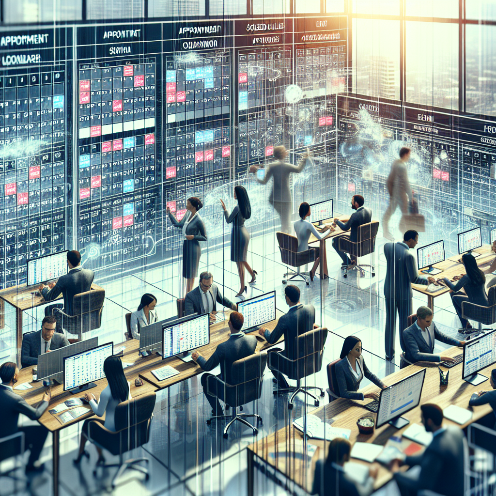 Generate an image depicting a busy B2B sales environment where 'De Afspraakplanners' are actively coordinating and setting appointments between sales teams and potential clients. The scene should show digital calendars, video calls, and an energetic atmosphere of collaboration.