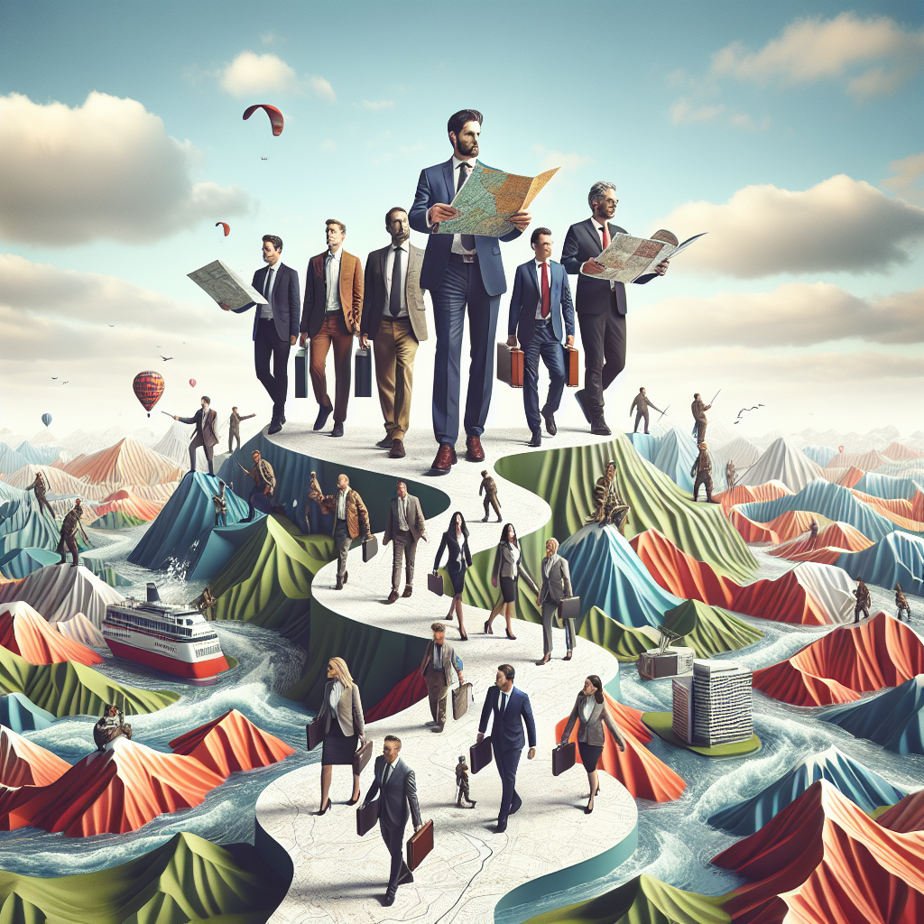 Generate an image capturing the themes of 'expertise and flexibility' with 'De Afspraakplanners' portrayed as expert guides leading a business team through a versatile landscape that represents the dynamic nature of B2B sales strategies. Include maps, guidebooks, and diverse terrains in the visual.