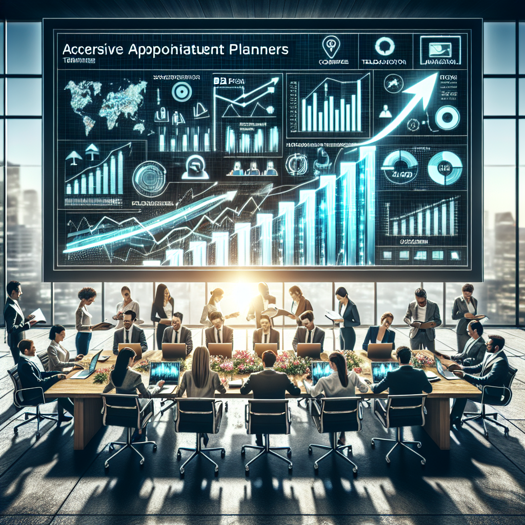 Generate an image of a modern office setting where a team of professional appointment planners are collaborating at a large digital screen, strategizing on B2B teleacquisition. The room should be filled with high-tech gadgets, and the atmosphere should convey teamwork and innovative planning. Include visual elements that symbolize success and satisfaction, like graphs showing upward trends and smiling team members.