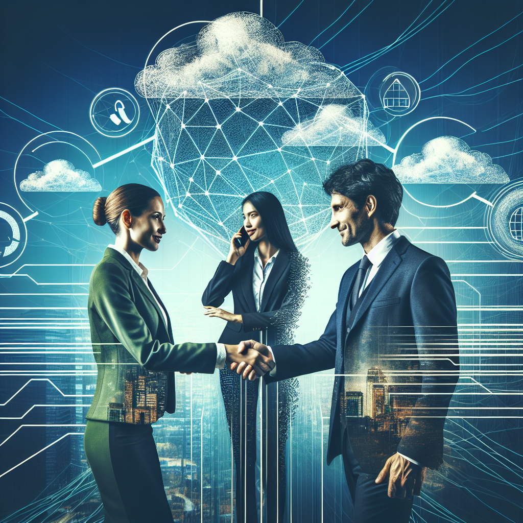 Generate an image depicting a handshake between two business professionals, symbolizing a successful agreement made through the No Cure No Pay model. The background should feature abstract representations of phone lines and cloud connections, suggesting seamless communication and high-tech solutions. Use a color palette that invokes trust and reliability, with blues and greens.