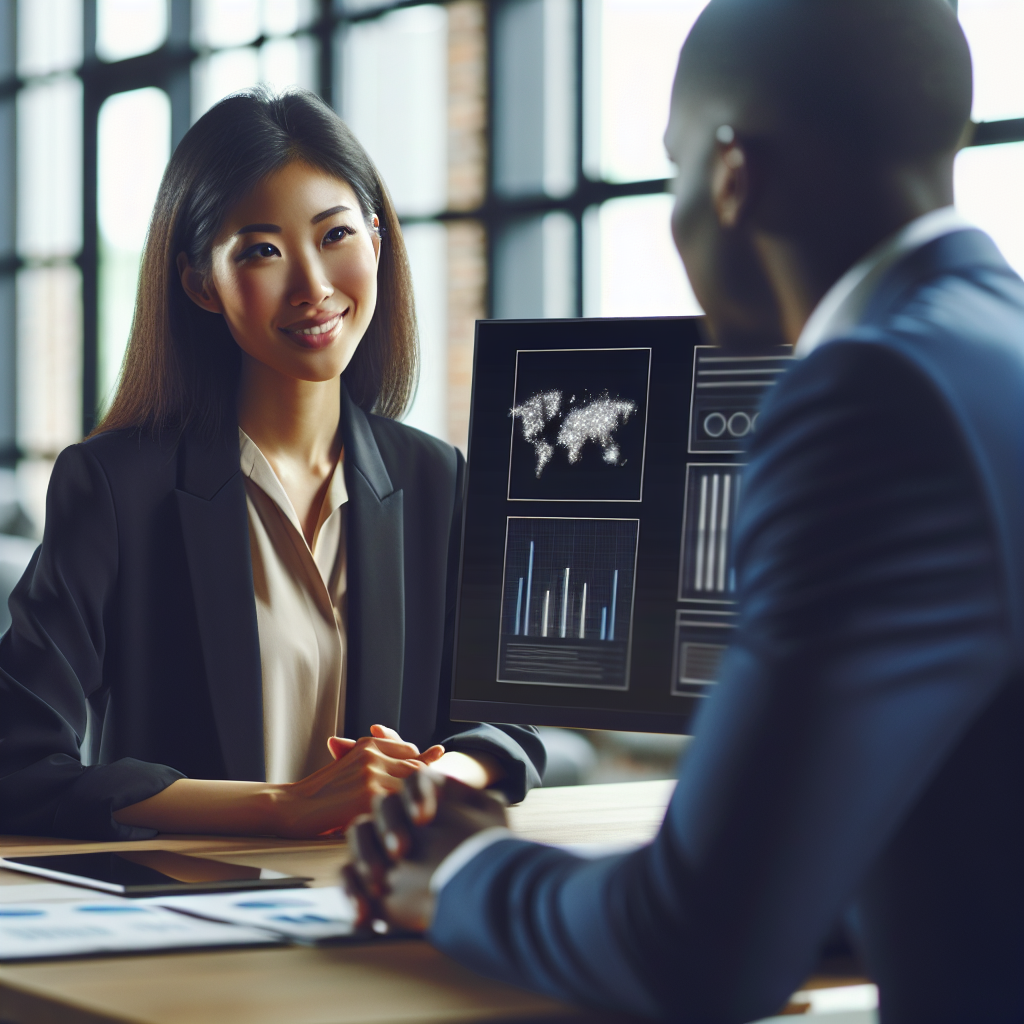 Generate an image of a professional meeting between a caller and a potential client in a modern office setting. The focus is on the friendly and experienced demeanor of the caller, who is using advanced scheduling software on a large screen. The atmosphere is welcoming and reflects a sense of personal attention.