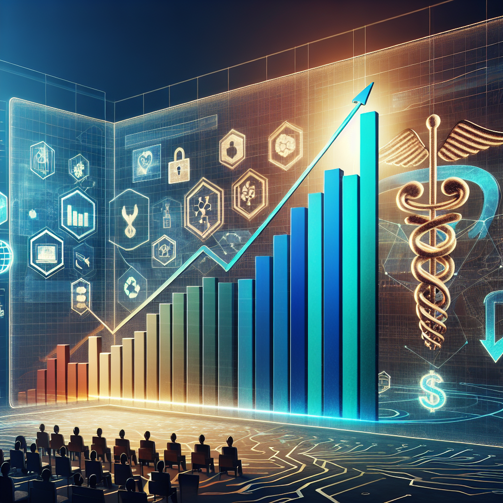 Generate an image of a graph showing increased conversion rates on a virtual screen, set against the backdrop of various industry icons representing sectors like technology, healthcare, and finance. The graph should symbolize growth and success due to the high-quality leads provided by expert appointment planners.