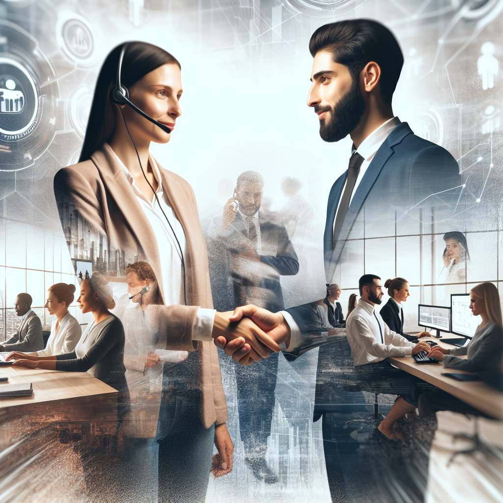 Generate an image of a handshake between a client and a planner, symbolizing trust and partnership. The background shows various business settings in semi-transparency, like a call center, an open-plan office, and a virtual meeting, representing the versatile and personalized service offered by the appointment planners.