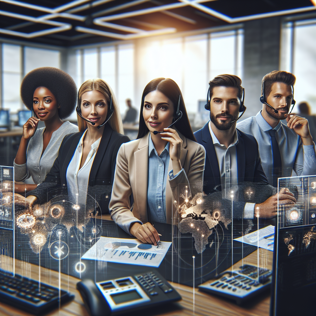 Generate an image of a diverse and experienced team of professional telemarketers in an office setting, engaged in a constructive brainstorming session. The focus should be on their collaboration and diverse backgrounds, with a modern, bright office and digital communication devices in the background.