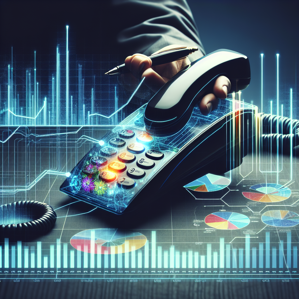 Generate an image of a sleek, modern telephone with an overlay of flowcharts and analytical graphs, symbolizing flexible and transparent approaches in telemarketing strategies. Include vibrant colors to represent the dynamic nature of the industry.
