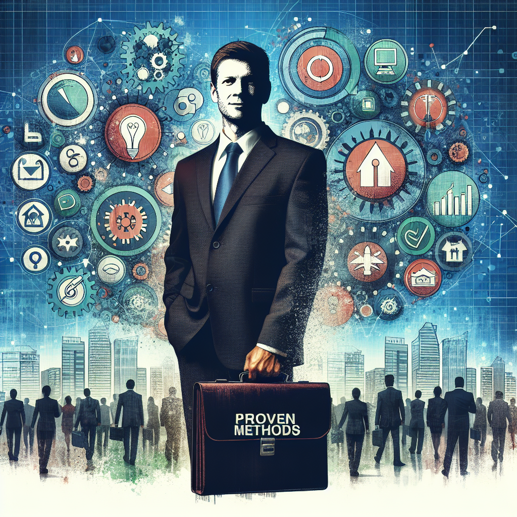 Generate an image of a confident business professional holding a binder labeled 'Proven Methods' in a busy office environment. The background should depict various industry icons and symbols, indicating personalized strategies for diverse sectors. Use a realistic art style.