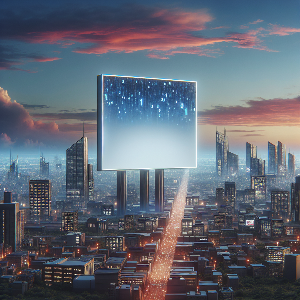 Generate an image of a city skyline at dusk with a prominent billboard displaying the text 'Trust Our Experience for Optimal Results'. The scenery should be atmospheric and inviting, with a hint of technological advancement represented by digital displays on buildings.