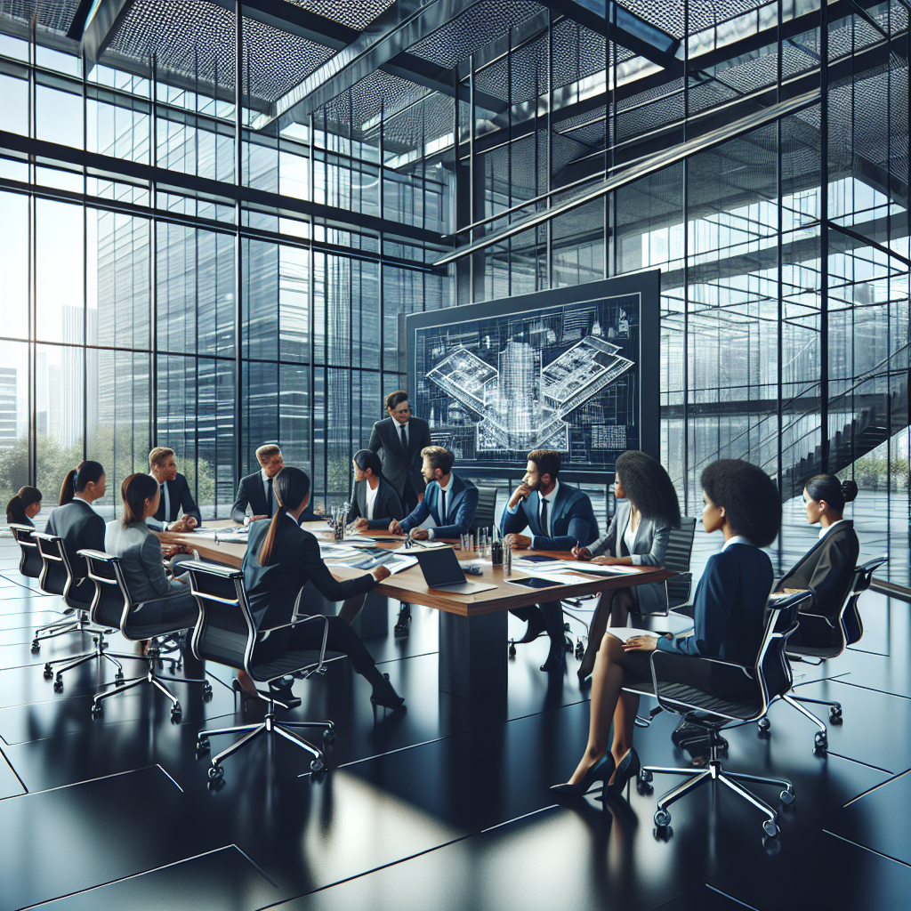 Generate an image of a business meeting taking place in a modern, glass-walled office. A diverse group of professionals is gathered around a sleek conference table, examining a strategy map on a digital screen, symbolizing the planning and generation of quality appointments for cold acquisition.