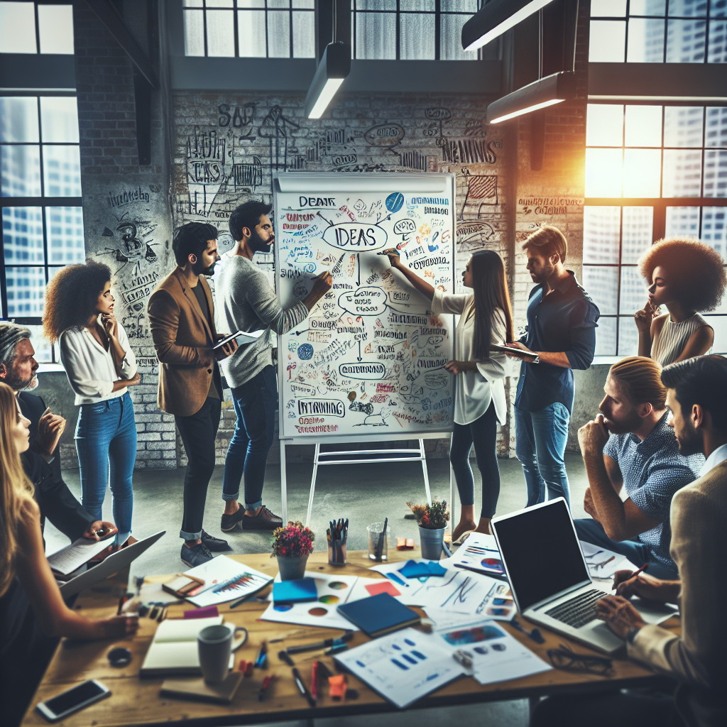 Generate an image of a creative brainstorming session in a loft-style workspace, with people of various ethnicities contributing ideas and writing on a large whiteboard. The atmosphere is dynamic, reflecting the process of identifying needs and planning an effective strategy for business appointments.