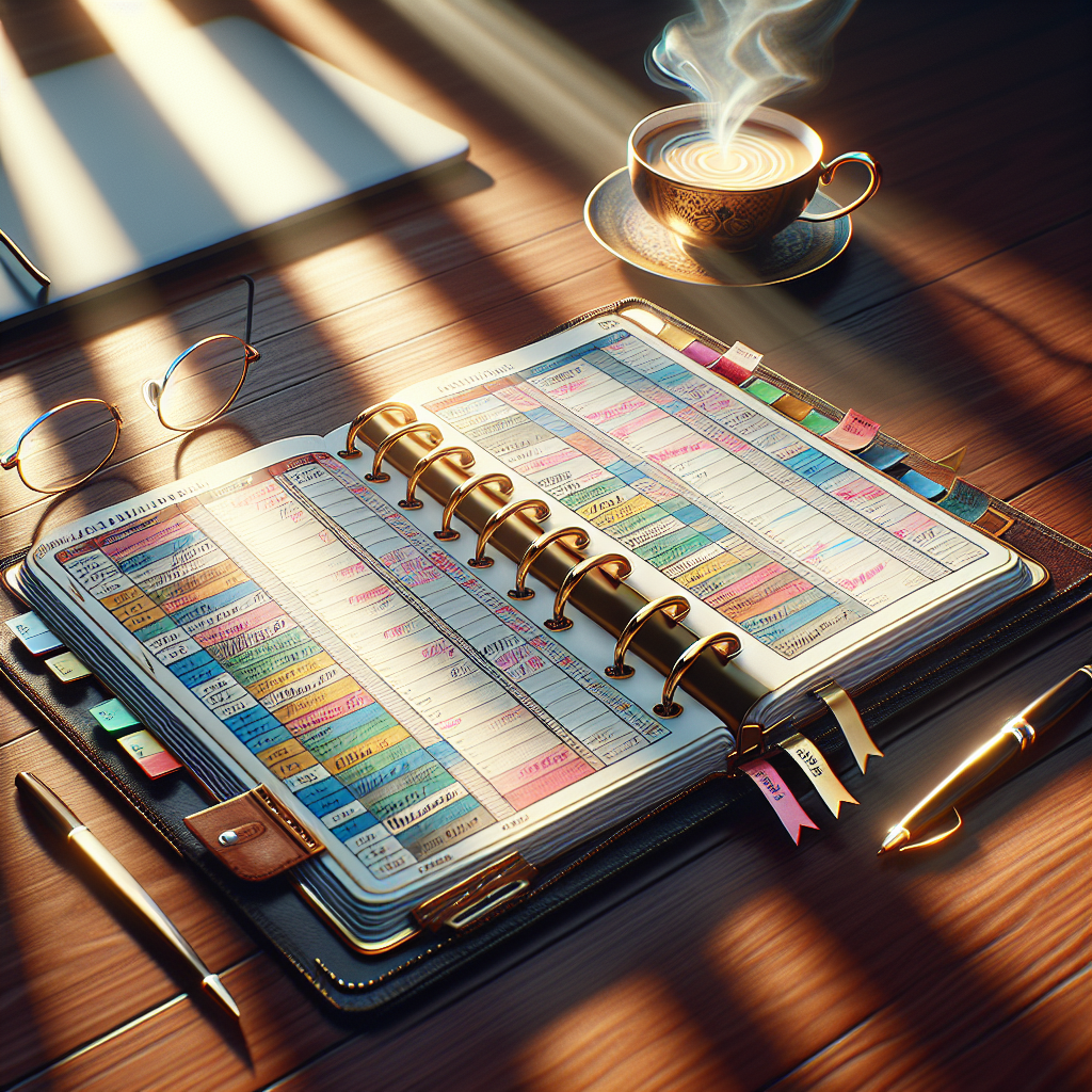 Generate an image of an elegant planner or appointment book open on a wooden desk, surrounded by coffee, glasses, and a laptop. The planner's pages are filled with notes and colorful tabs, symbolizing flexibility and success in scheduling appointments for business acquisitions.