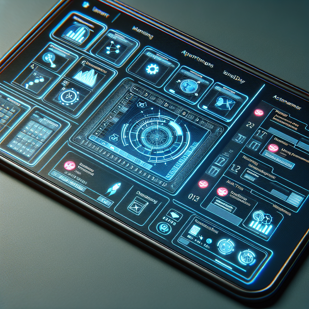 Generate an image of a digital interface on a futuristic device, showcasing a calendar filled with scheduled meetings and tasks. The interface is sleek and user-friendly, highlighting the seamless experience of planning appointments and developing strategies for business growth.