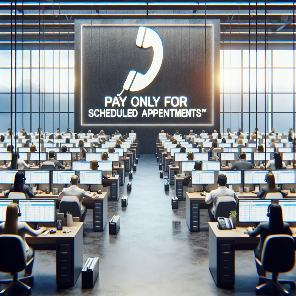 Generate an image of a busy call center where a team of experienced telemarketers is confidently scheduling appointments. Include elements like headsets, computers with scheduling software visible on screens, and a large banner that reads 'Pay Only for Scheduled Appointments'.