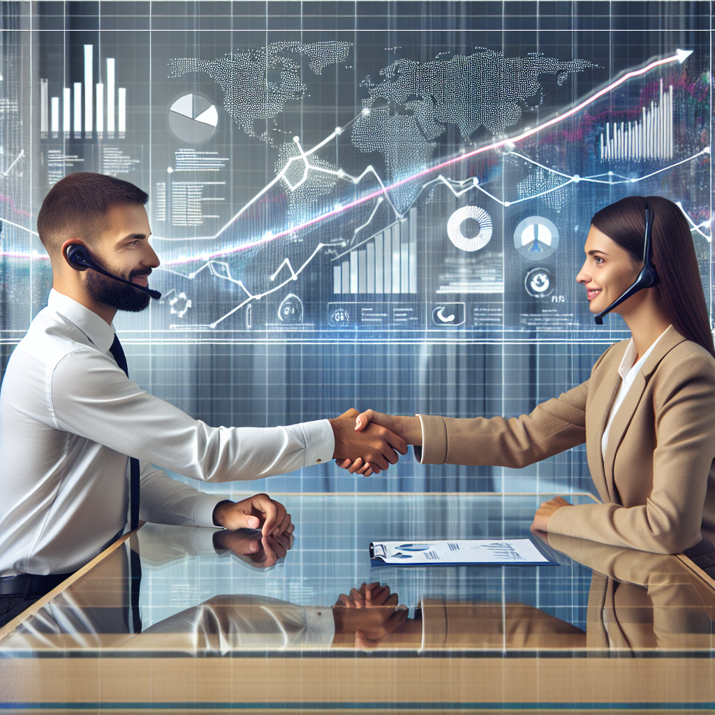 Generate an image of a handshake between a telemarketer and a satisfied client in a modern office setting. The background should feature charts and graphs indicating successful appointments and financial growth. Highlight the transparent pricing list on the desk.