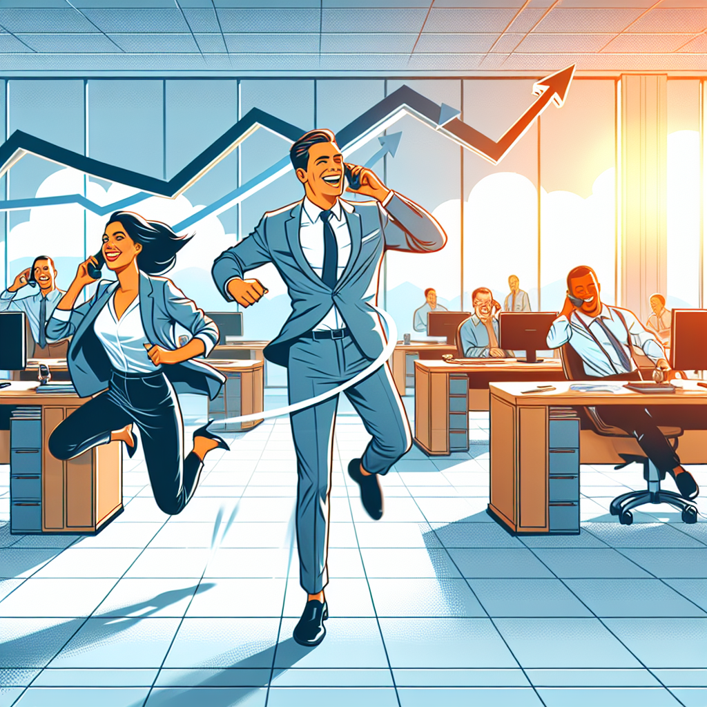 Generate an image of a bustling modern business office filled with diverse professionals engaging in cold calling sessions. The scene highlights a motivational atmosphere with graphs and charts showing increasing sales, symbolizing how De Afspraakplanners boost B2B sales through effective cold calls.
