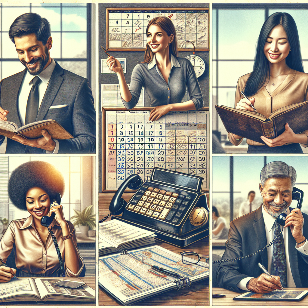 Generate an image of a friendly, professional sales team from De Afspraakplanners, each member showcasing a different detailed method of organizing appointments. The office is filled with a harmonious blend of traditional and digital tools, emphasizing the flexibility and certainty they provide in sales.