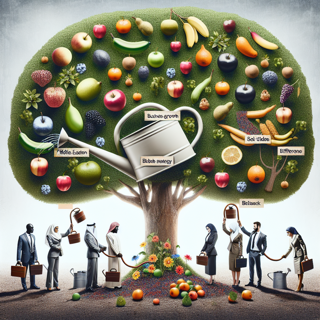 Generate an image portraying a metaphorical 'growth tree' laden with fruits symbolizing increased sales and business growth. The tree is nurtured by a team of experts from De Afspraakplanners through cold calling watering cans, representing their role in boosting B2B sales strategies.