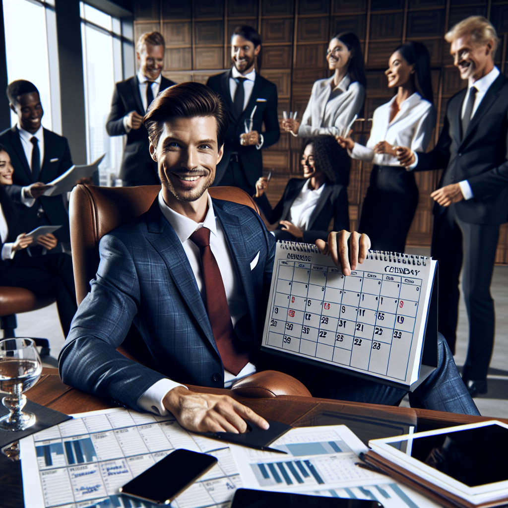 Generate an image of a satisfied business executive sitting in a well-appointed office, reviewing a calendar full of appointments. The background shows colleagues celebrating closed deals, representing the success and sales increase guaranteed by De Afspraakplanners' services.