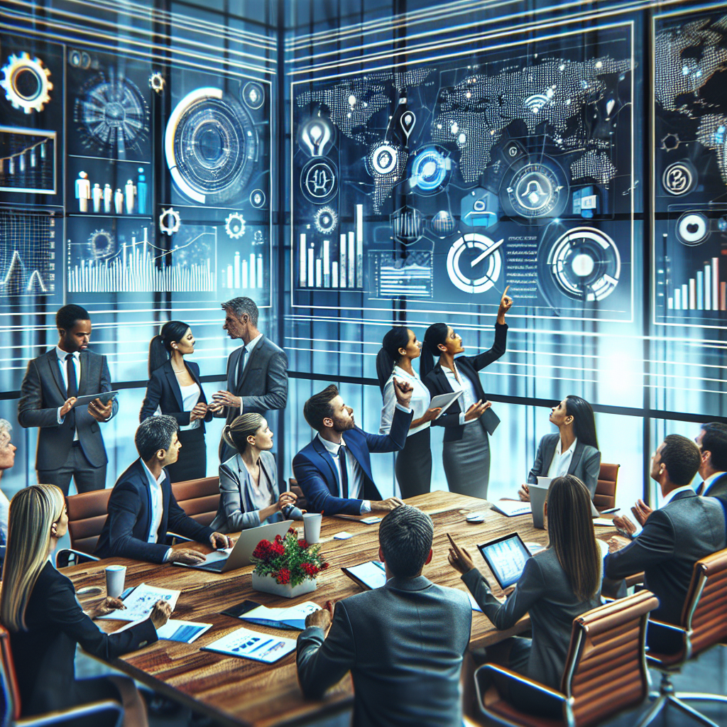 Generate an image of a professional meeting room where appointment planners are using digital tools to prepare schedules and strategies, with a focus on teamwork and collaboration. The scene is dynamic, with planners actively discussing and sharing ideas, surrounded by charts and graphs that symbolize effective preparation.