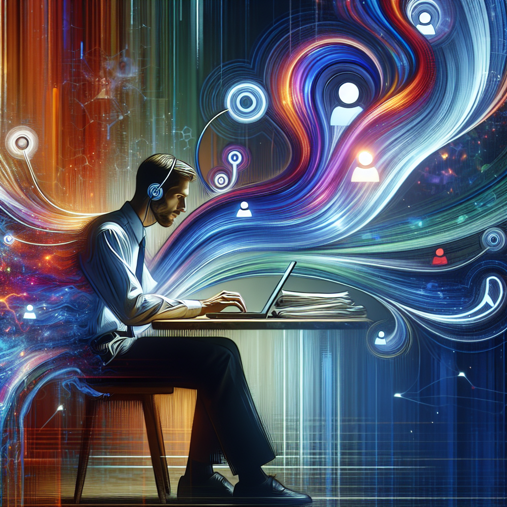 Generate an image of a single appointment planner in an office setting, concentrating on a laptop with visualization of communication waves flowing from it. The waves represent effective communication techniques, connecting the planner with clients in a vibrant and colorful abstract representation, symbolizing successful connections.