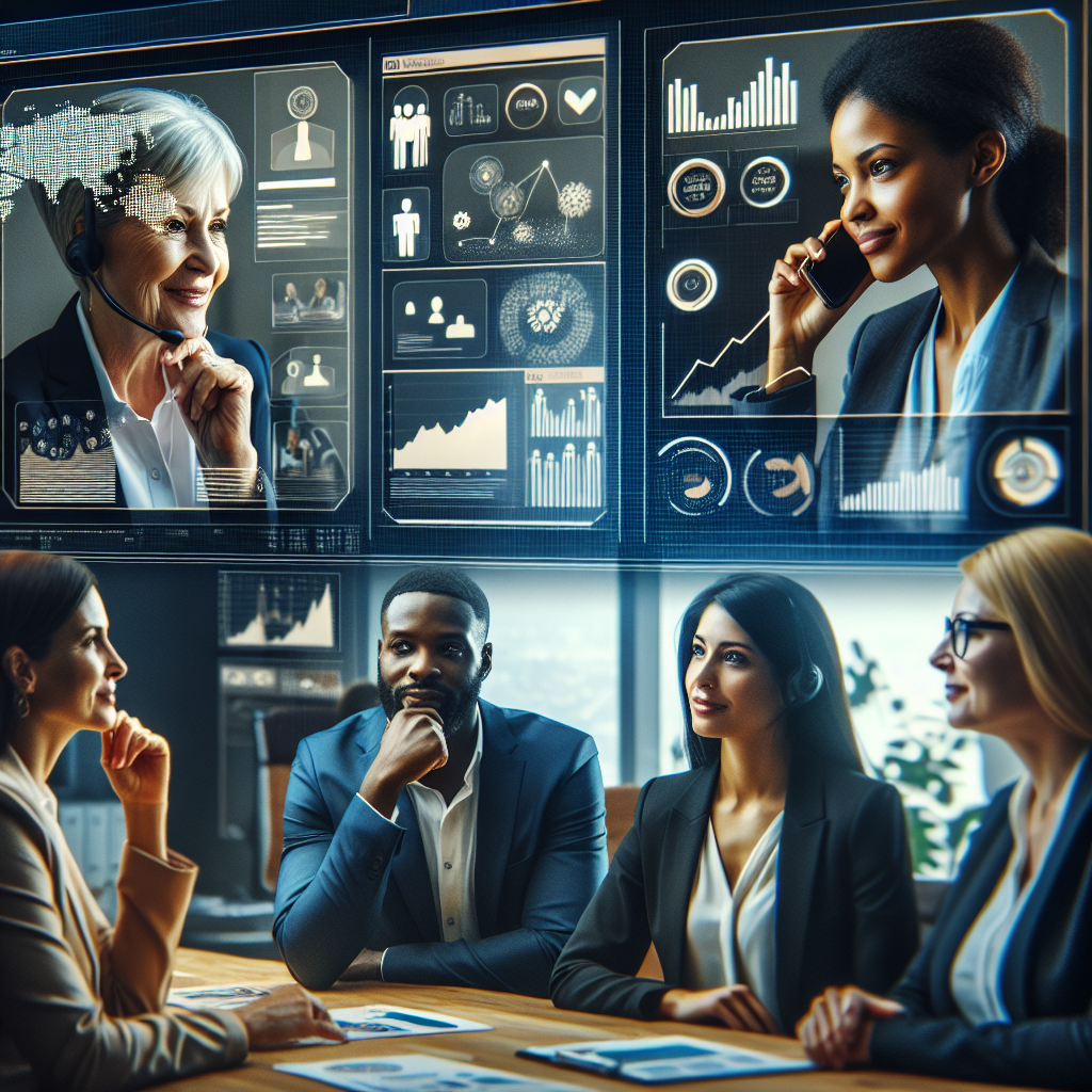 Generate an image of a professional business meeting where experienced callers are conversing with potential leads, surrounded by digital tools and charts showing lead generation statistics, symbolizing effective cold acquisition.