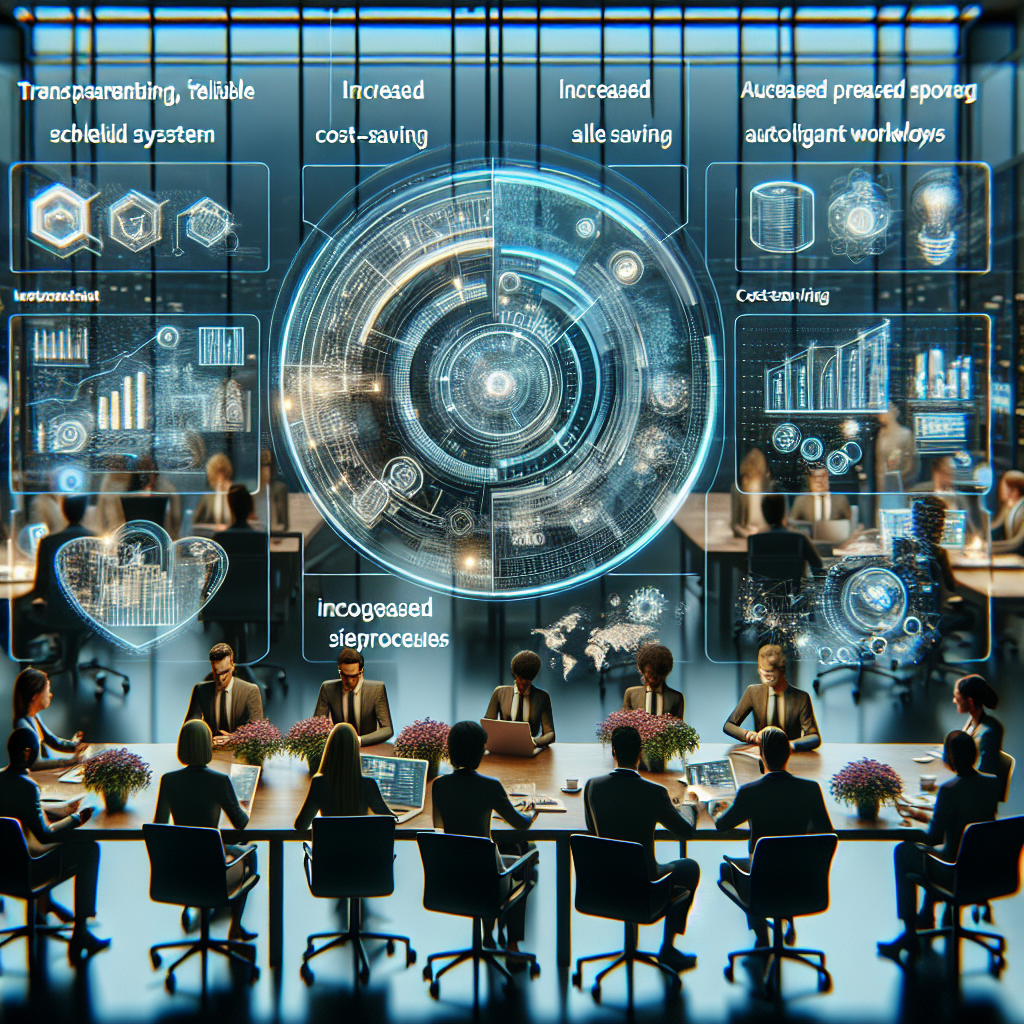 Generate an image of a futuristic office environment featuring a transparent and flexible scheduling system, with diverse business professionals interacting seamlessly, representing cost savings and optimized sales processes.