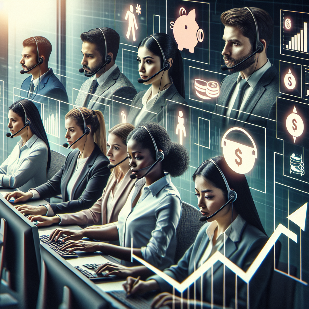 Generate an image of a bustling call center with a diverse team of professional callers focused on high-quality lead generation, with symbolic icons of savings and ROI growth floating around them.