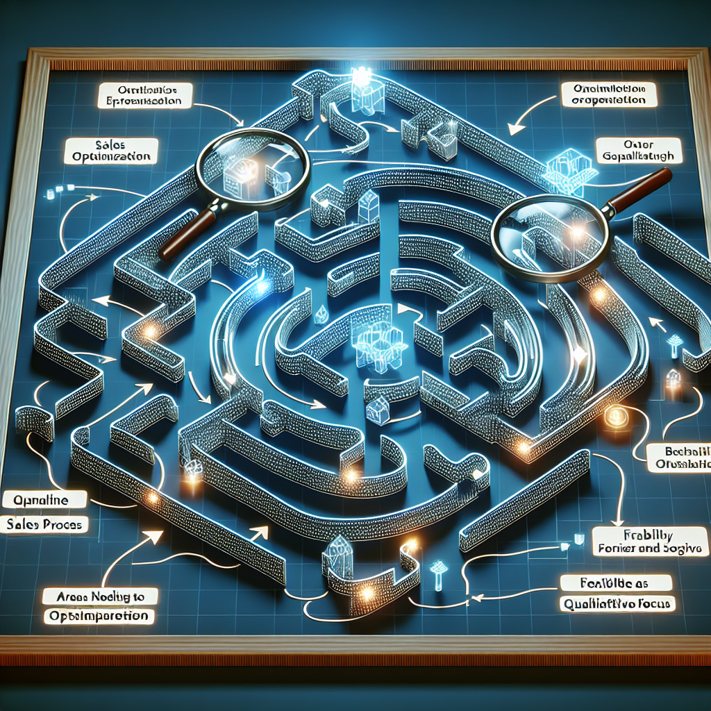 Generate an image of a detailed illustration showing a journey map of a business sales process, highlighted with points of optimization and qualitative focus, featuring abstract representations of transparency and flexibility.