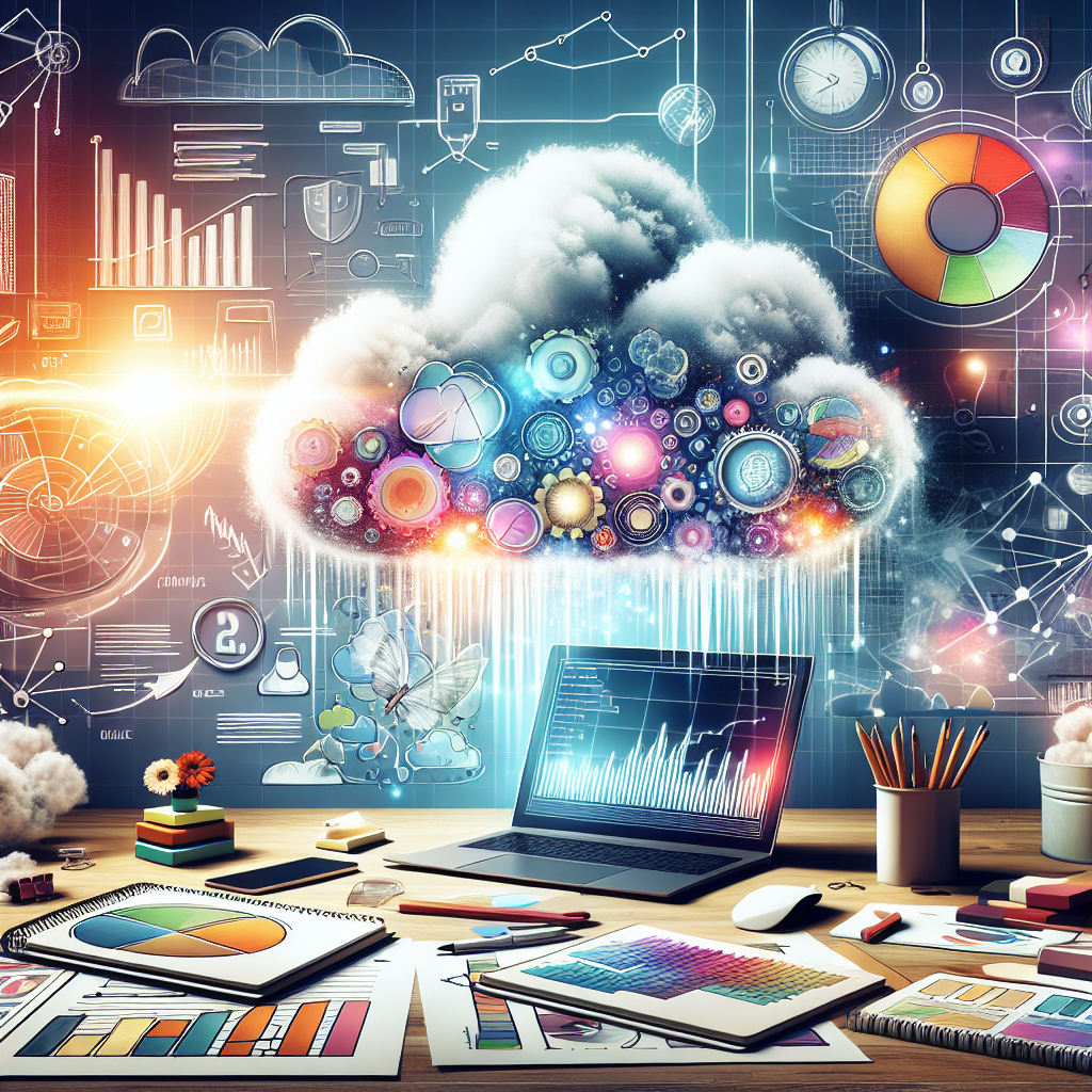 Generate an image depicting a vibrant and dynamic concept of content marketing for SaaS solutions, featuring a desk scattered with various digital marketing tools, like a laptop displaying analytics, notepads with sketches and ideas, and a colorful content calendar on the wall, all in a modern office setting.