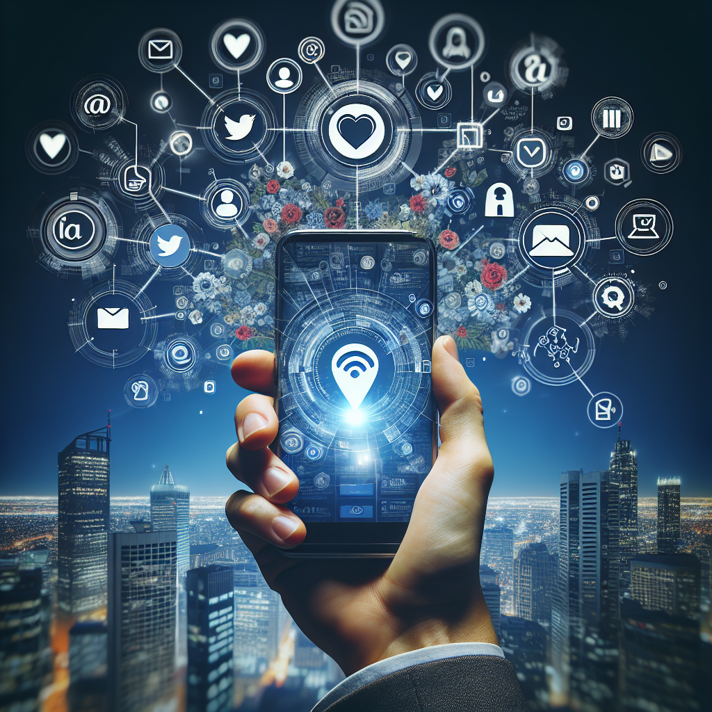 Generate an image showcasing the innovative use of social media in generating leads for SaaS companies. The scene should feature a smartphone in hand, displaying multiple social media apps, with digital icons and notifications flaring out, symbolizing connectivity and engagement, against a backdrop of a bustling city skyline.