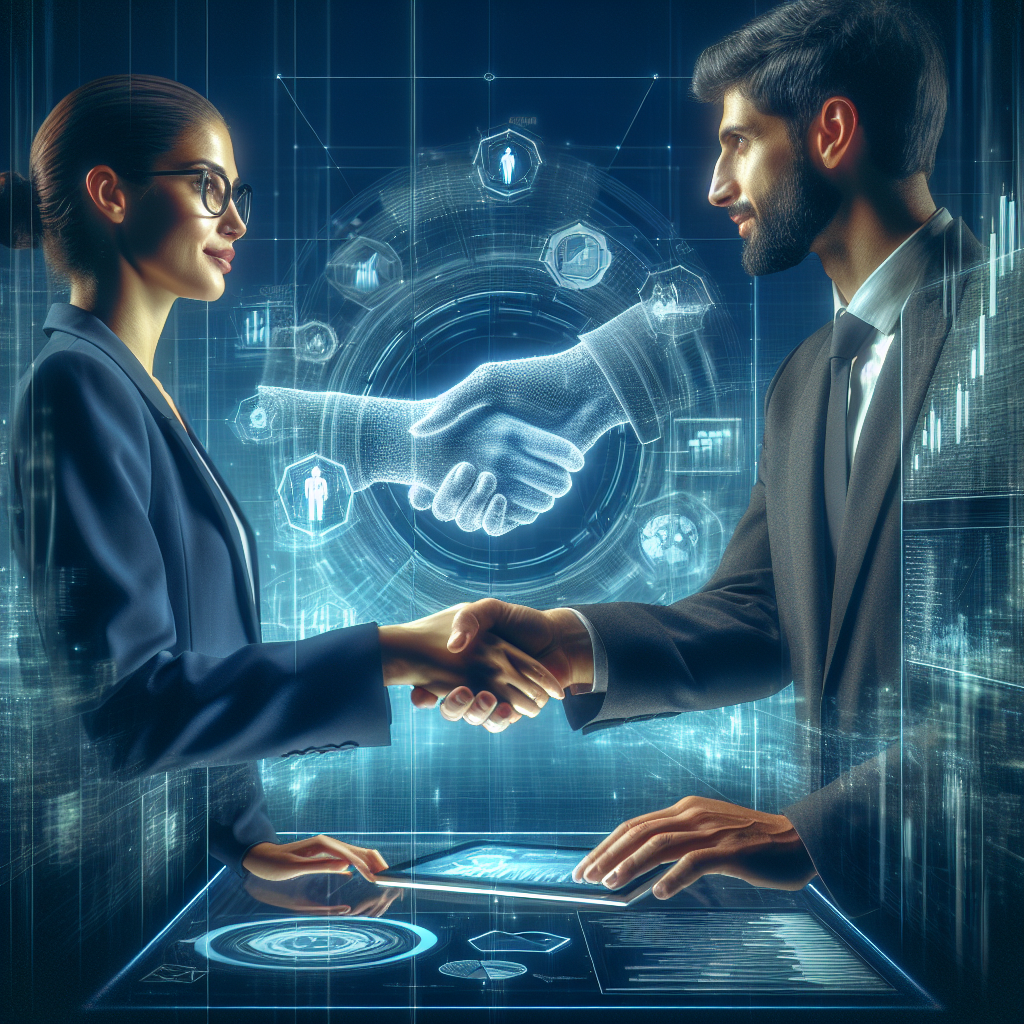 Generate an image illustrating the concept of strategic partnerships for enhancing lead generation in SaaS. Visualize two business professionals shaking hands over a digital interface, surrounded by holographic charts and graphs, symbolizing data exchange and growth, in a futuristic business environment.
