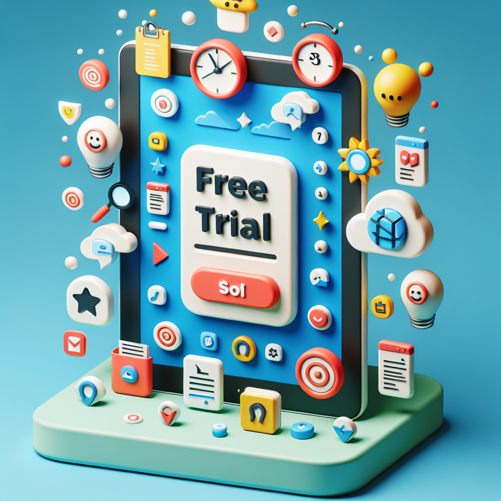 Generate an image of a creative representation of offering free trials for SaaS products, with a playful and inviting interface on a tablet screen. Surrounding elements include floating 3D icons of SaaS features, a countdown timer, and a user-friendly guidebook, all in a whimsical, tech-inspired art style.
