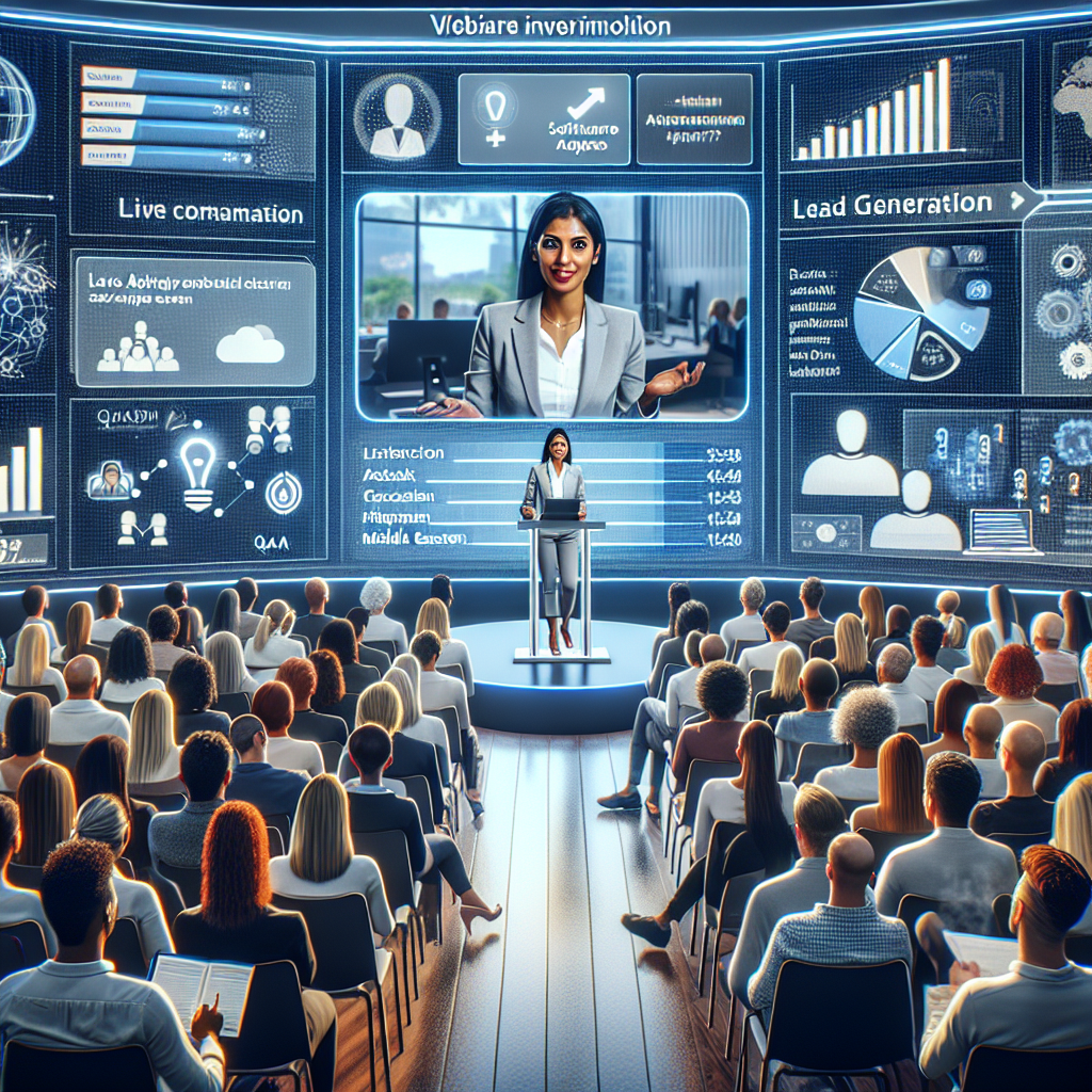 Generate an image of a modern, dynamic webinar setup in a sleek, high-tech virtual environment, where a software company representative engages with a diverse and attentive audience. The scene should highlight interactive elements like live chat and Q&A boxes, with a digital backdrop showcasing graphs and analytics that suggest lead generation success.